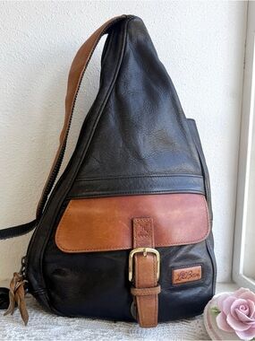 Vintage y2k L.L. Bean Black Brown Leather Sling Backpack Crossbody Bag